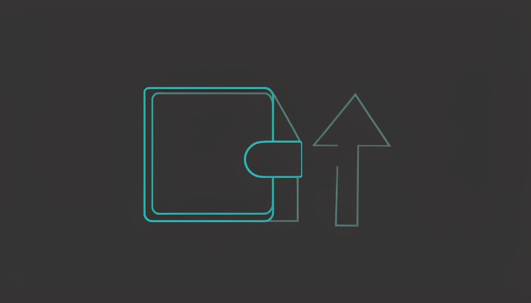 A simple line drawing of a wallet, a house outline, and an upward arrow on a dark charcoal-grey background, drawn in thin white lines