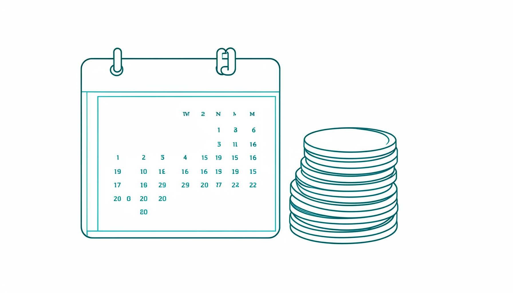 A minimal line drawing of a calendar page next to a stack of coins, rendered in thin black lines on a white background