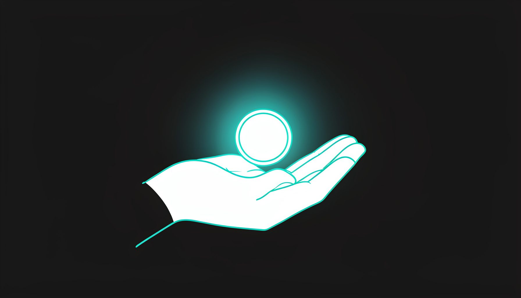A simple line drawing of a calm, open hand holding a small glowing coin, set against a dark charcoal background with soft light radiating outward