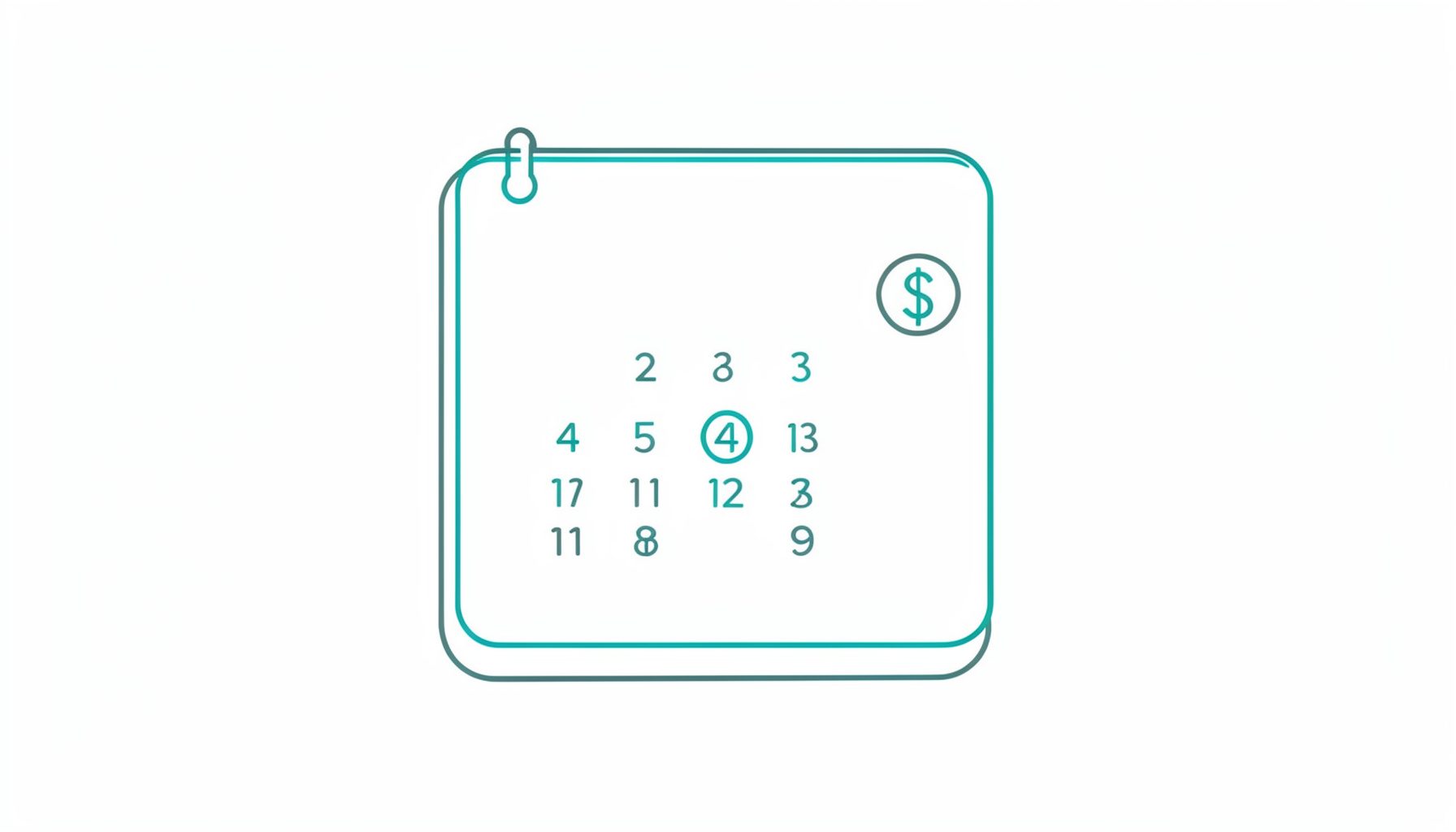 A minimal line drawing of a calendar page with a circled date and a small dollar symbol beside it, in muted charcoal and soft grey tones