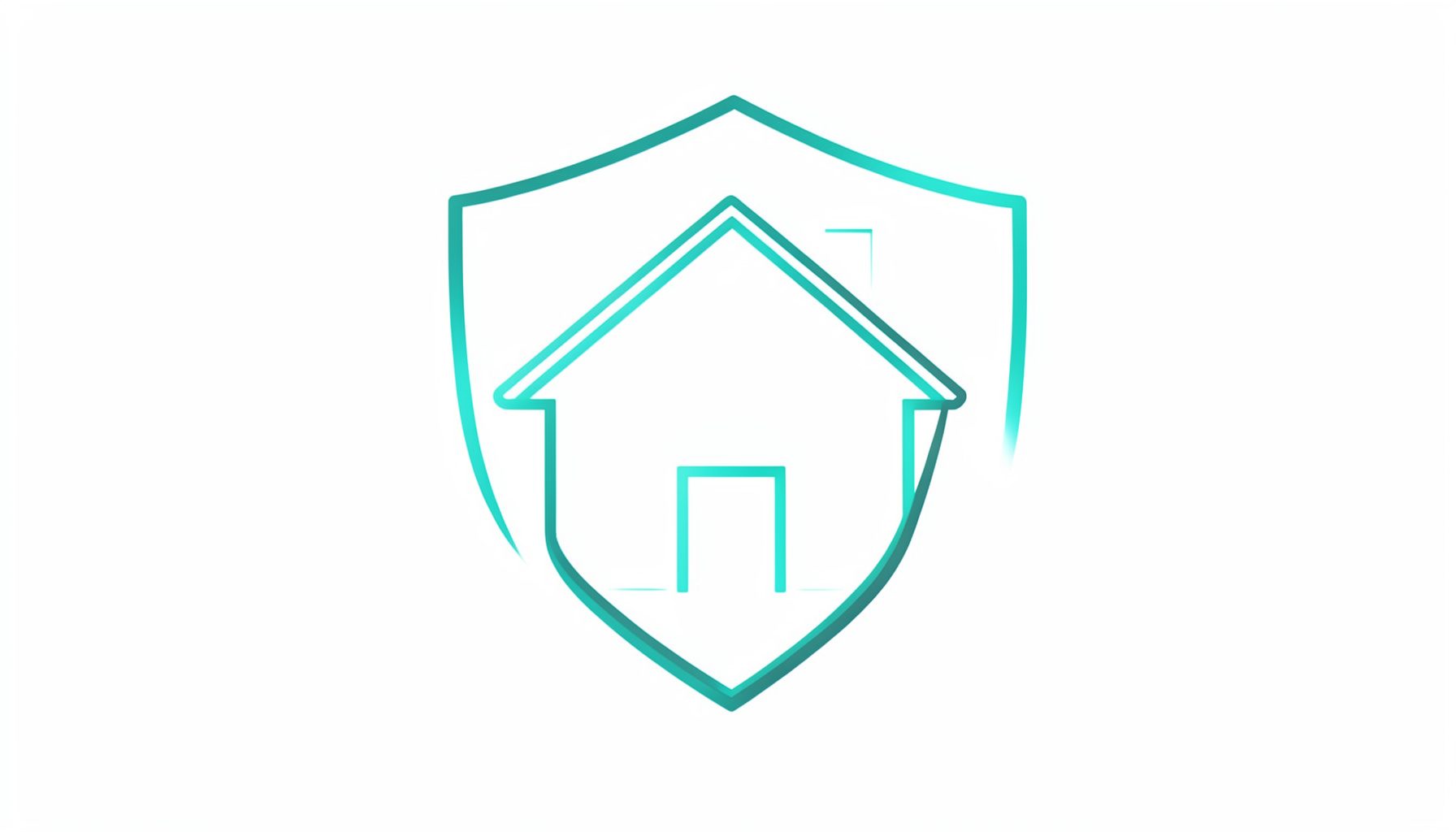 A minimal line drawing of a house silhouette with a shield outline around it, in soft charcoal and teal, suggesting protection