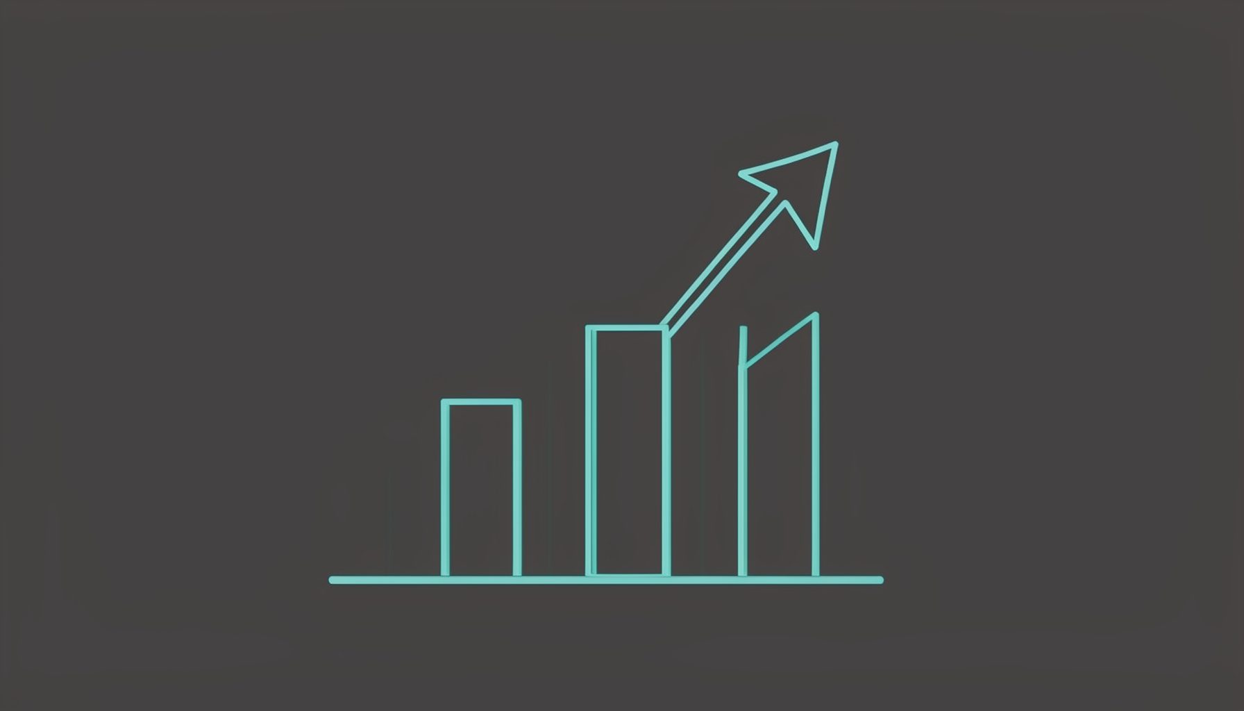 A minimal line drawing of a simple bar chart with an upward-trending arrow, rendered in muted charcoal and soft teal tones