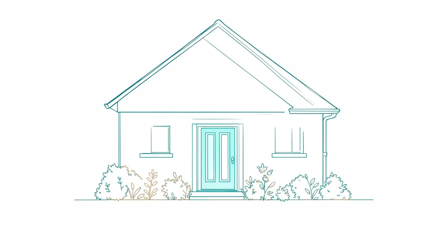 A calm, minimal line drawing of a house with a welcoming front door and a small garden, rendered in soft charcoal and warm beige tones