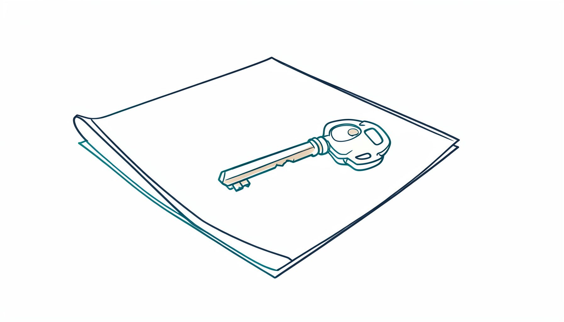 A simple line drawing of a key resting on a folded document, in muted navy and warm beige tones